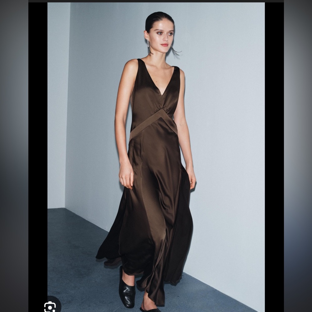 Zara Brown Satin V‑Neck Maxi Dress Size Medium